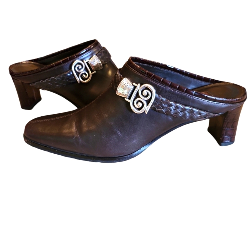 Brighton Tara Brown Leather Weave Strap Buckle Mules Croc Heel Pumps Size US 7M